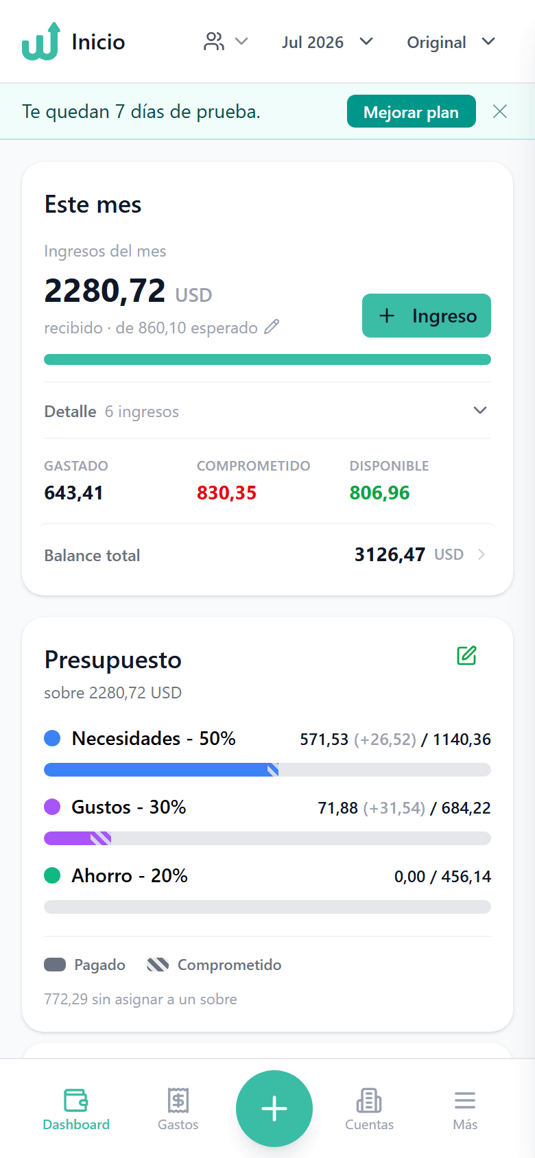 Tablero de Walletfy mostrando balance, cuentas y presupuesto